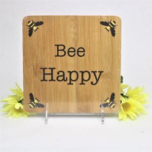 Wood Trivet Square Bee Happy Bumble Bees